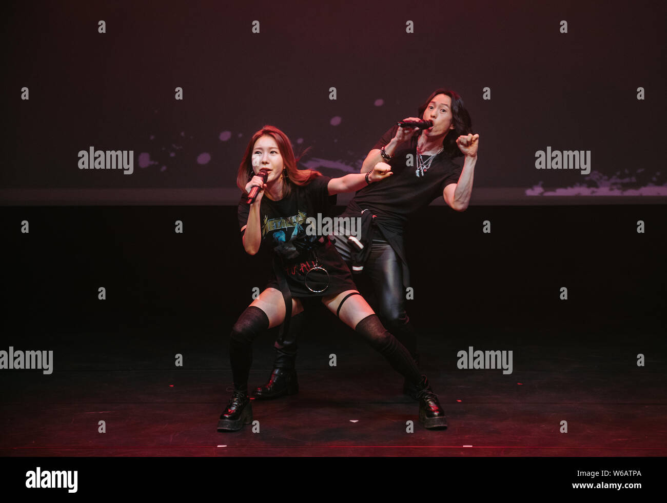 Taiwan Out American Theater Actor And Singer Michael K Lee Right And South Korean Singer Songwriter And Musical Actress J Min Attend A Press Co Stock Photo Alamy