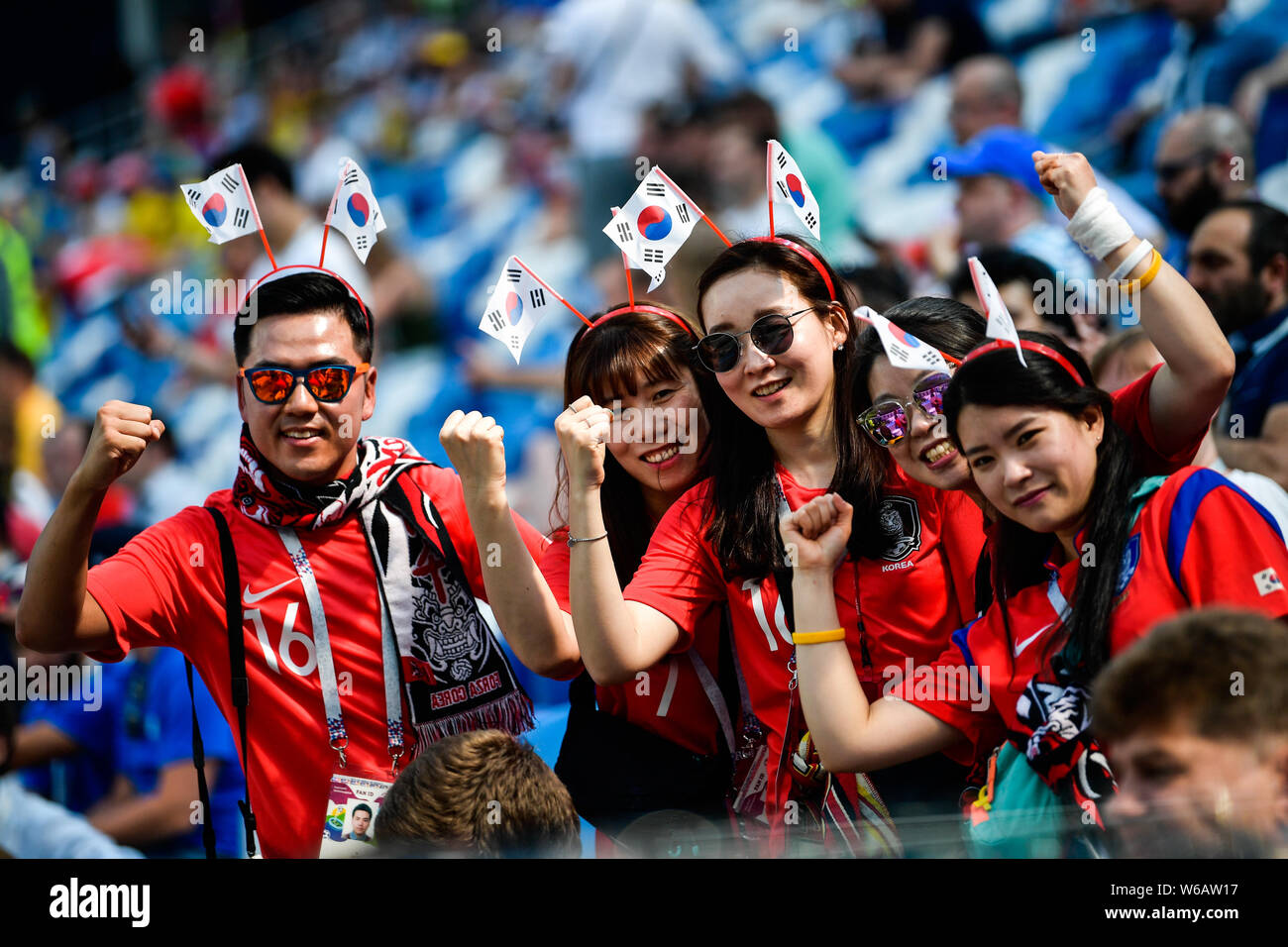 South Korean football fans pose for photos before the Group F match between  Sweden and South Korea during the FIFA World Cup 2018 in Nizhny Novgorod  Stock Photo - Alamy