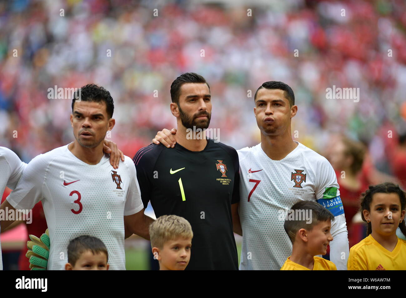(From left) Pepe, Rui Patricio and Cristiano Ronaldo of Portugal pose before competing against Morocco during the 2018 FIFA World Cup in Moscow, Russi Stock Photo