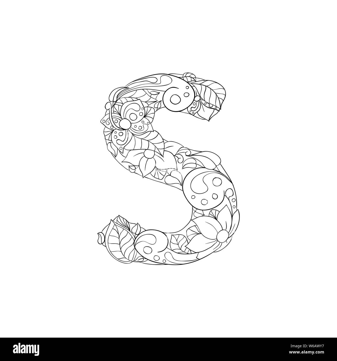 Coloring Book Floral Ornamental Alphabet, Initial Letter S Font. Vector Typography Symbol. Antistress Page for Adults and Monograms.Isolated Poster or Cover Design Stock Vector