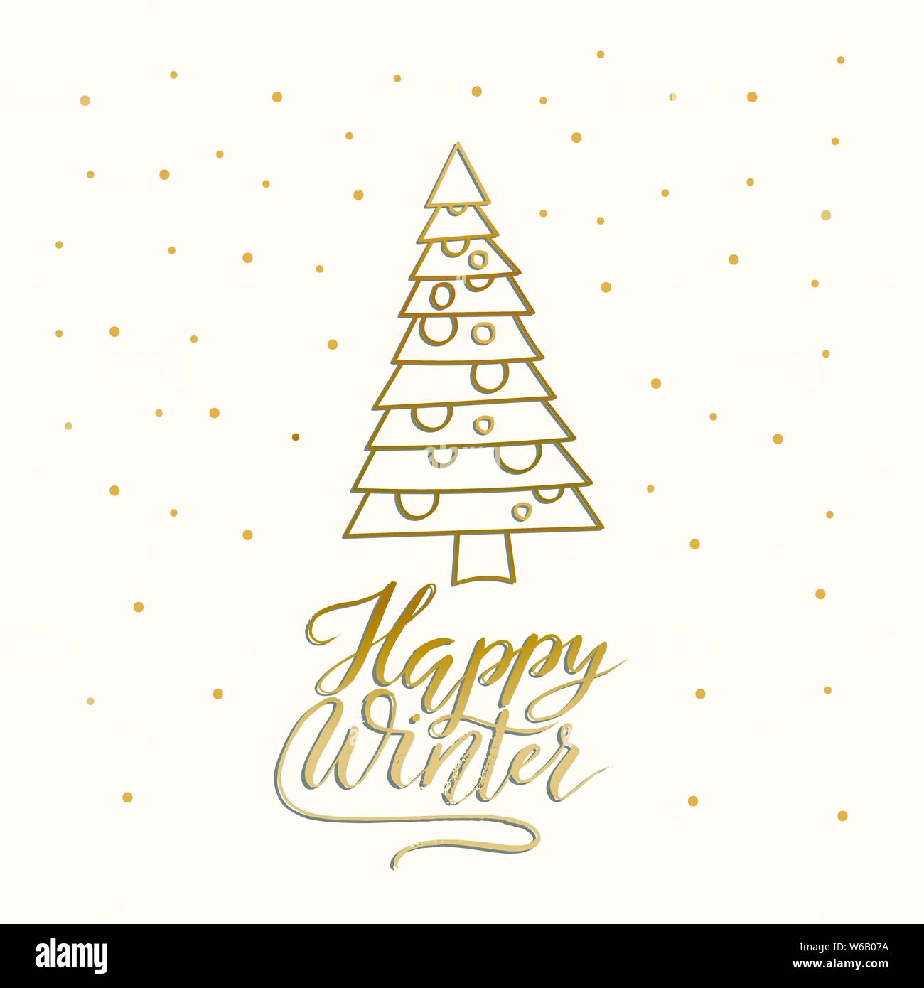 Vector Christmas card with Christmas tree and hand lettering. Happy ...