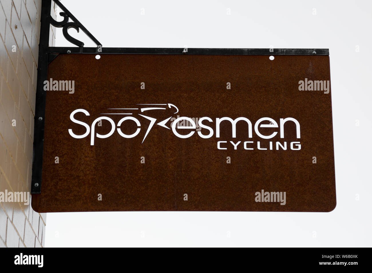 The Spokesmen Cycling bicycle shop sign in Roanoke, Indiana, USA Stock Photo