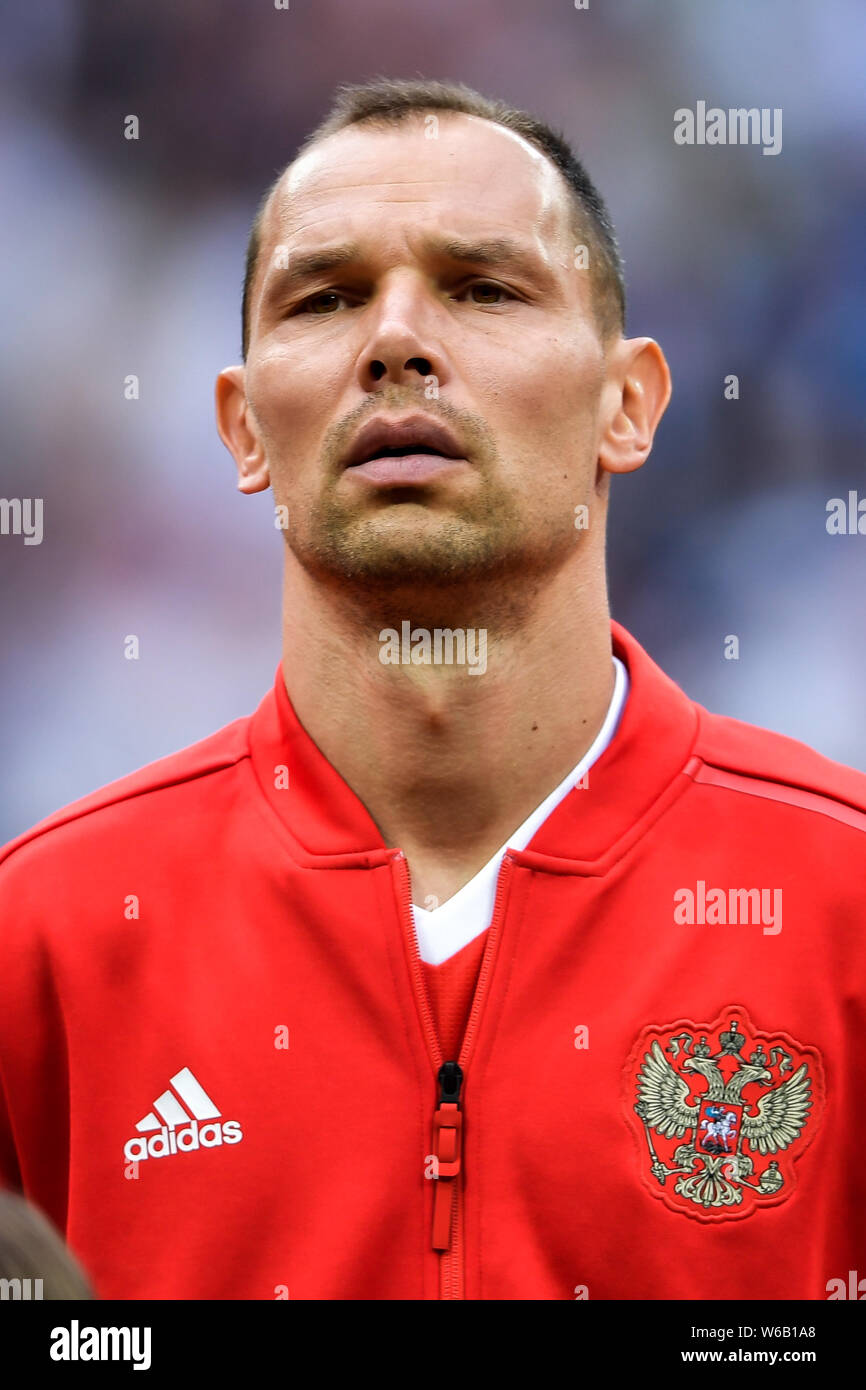 Head shot of Sergei Ignashevich of the starting line-up of Russia in the Group A match against Saudi Arabia during the 2018 FIFA World Cup in Moscow, Stock Photo