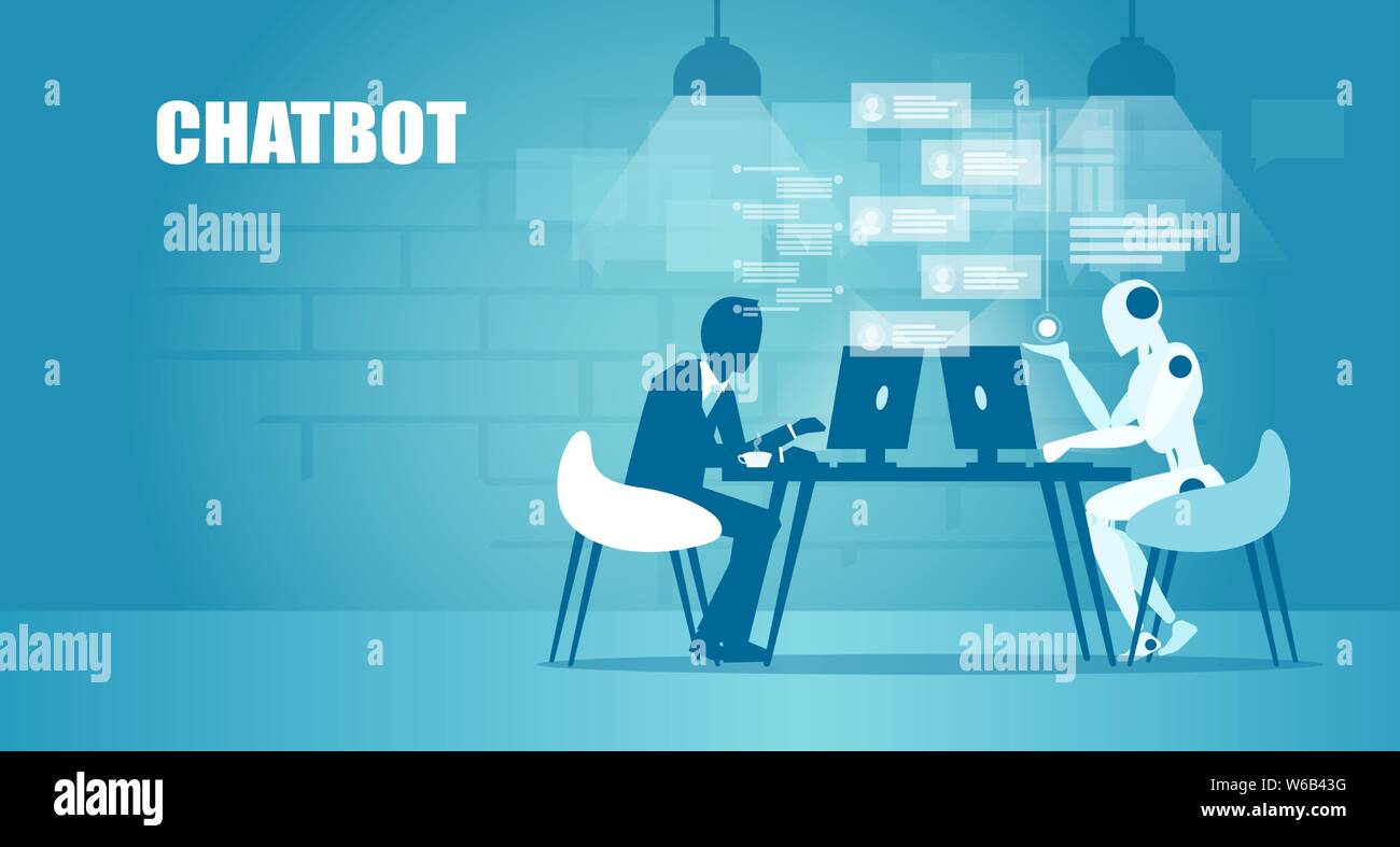 Chatbot in business concept. Vector of a businessman chatting with a robot online Stock Vector
