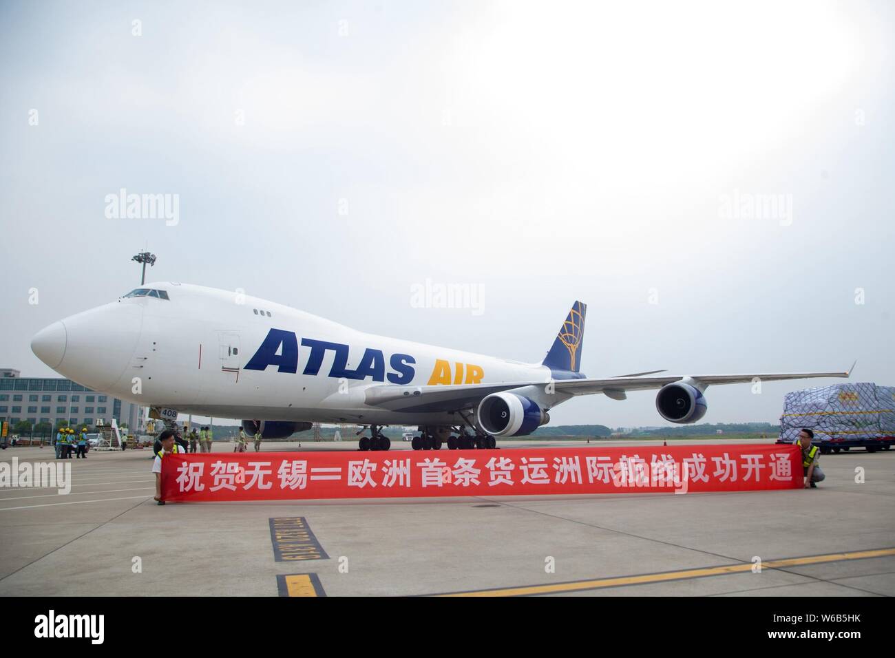 A Boeing 747-400 Freighter jet plane of Atlas Air is pictured at the Sunan Shuofang International Airport before it heads for Germany's Frankfurt-Hahn Stock Photo