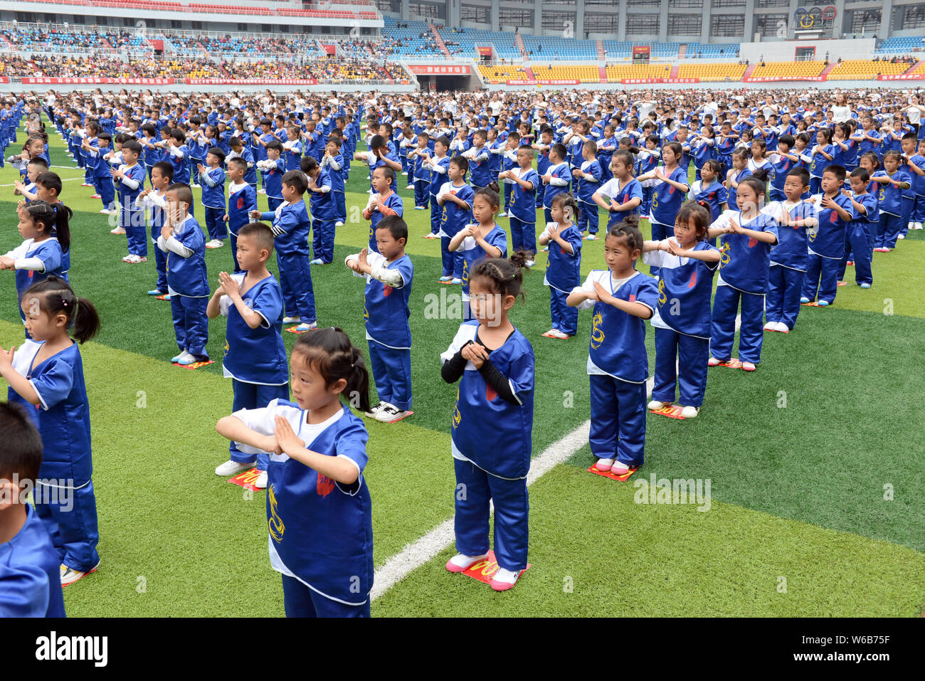 Chinese children perform kungfu with a master in an attempt to set a