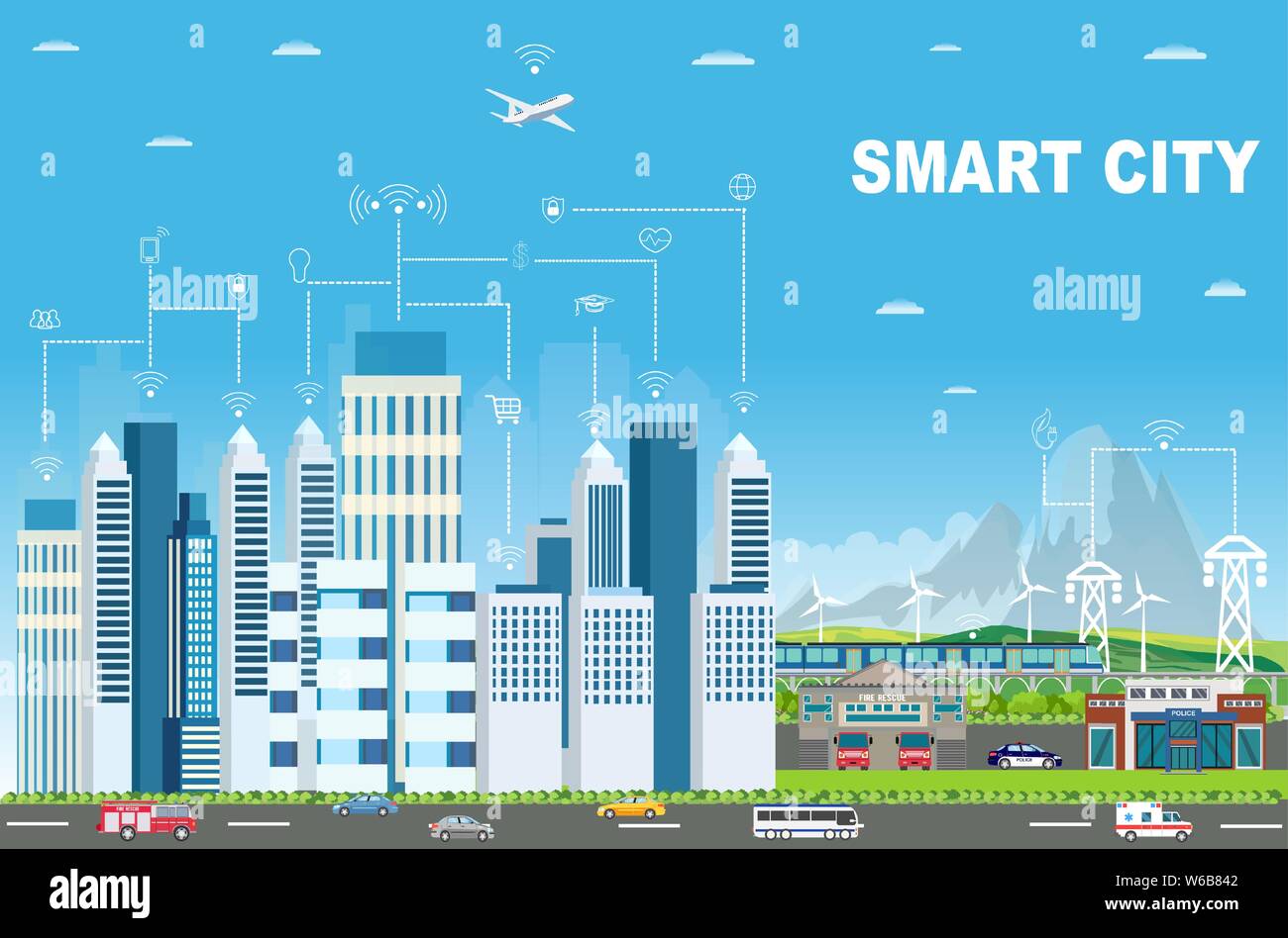 Smart city concept. Vector of urban landscape with communication technology icons connecting modern buildings and different transportation Stock Vector