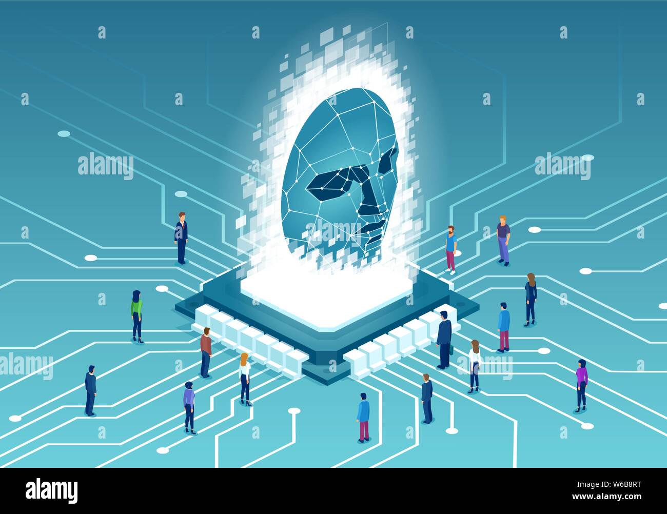 Artificial Intelligence, face recognition and machine learning concept. Vector of diverse people connected by modern technology computer chip Stock Vector