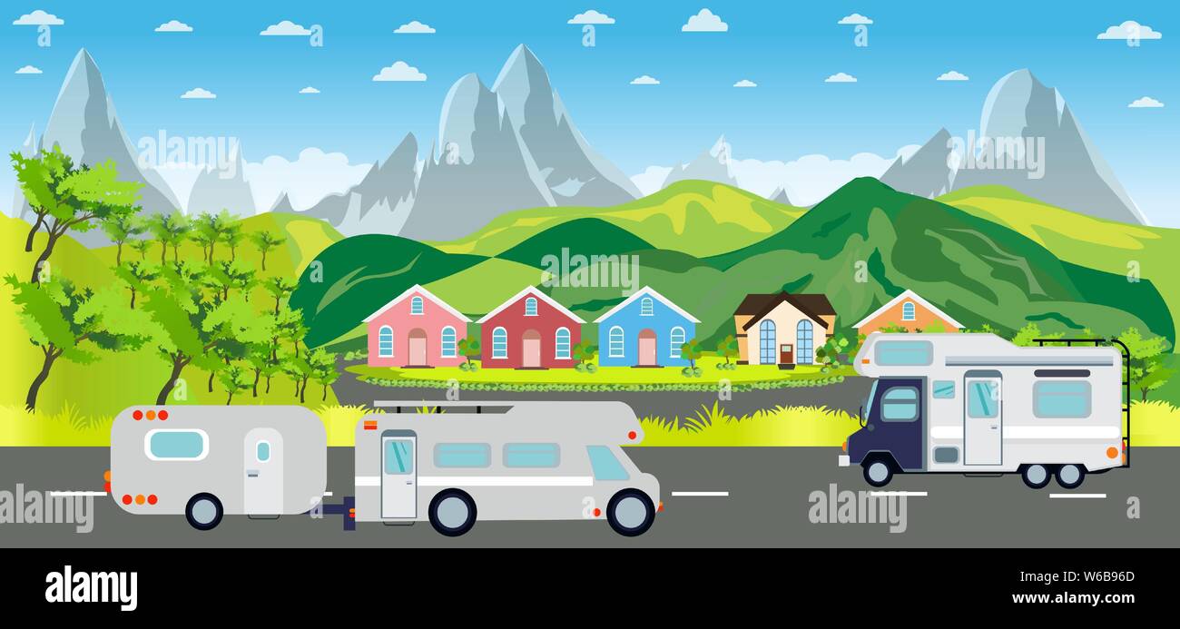 Vector of driving campers rv on road in the mountains. Family summer vacation travel, holiday trip concept Stock Vector