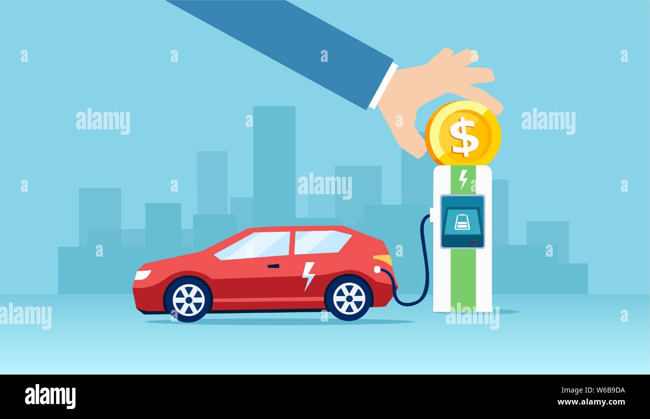 Vector of an electric car charging at the charger station saving money to driver Stock Vector