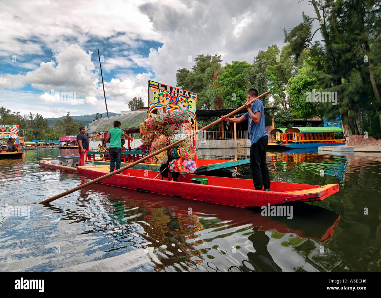 Xochimilco, Mexico City, June 25, 2019 - Traditional boat sellers on canals of Xochimilco Stock Photo