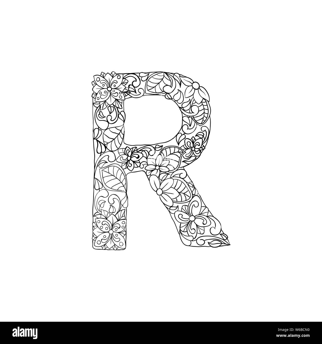 Coloring Book Floral Ornamental Alphabet Initial Letter R Font Vector Typography Symbol Antistress Page For Adults And Monograms Isolated Poster Or Cover Design Stock Vector Image Art Alamy