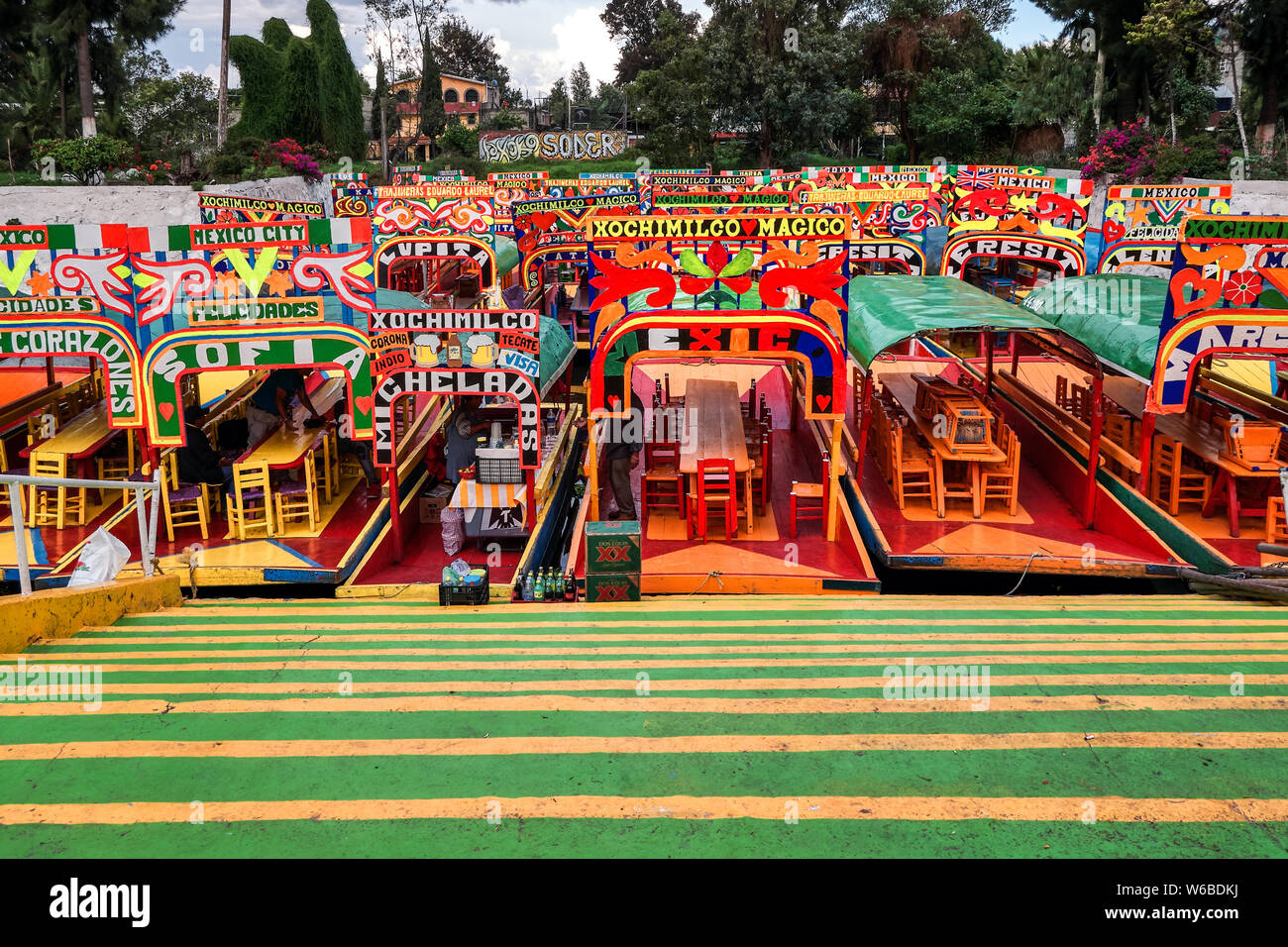 Xochimilco, Mexico City, June 25, 2019 - Traditional boat of Xochimilco moored in Nativitas pier. Stock Photo