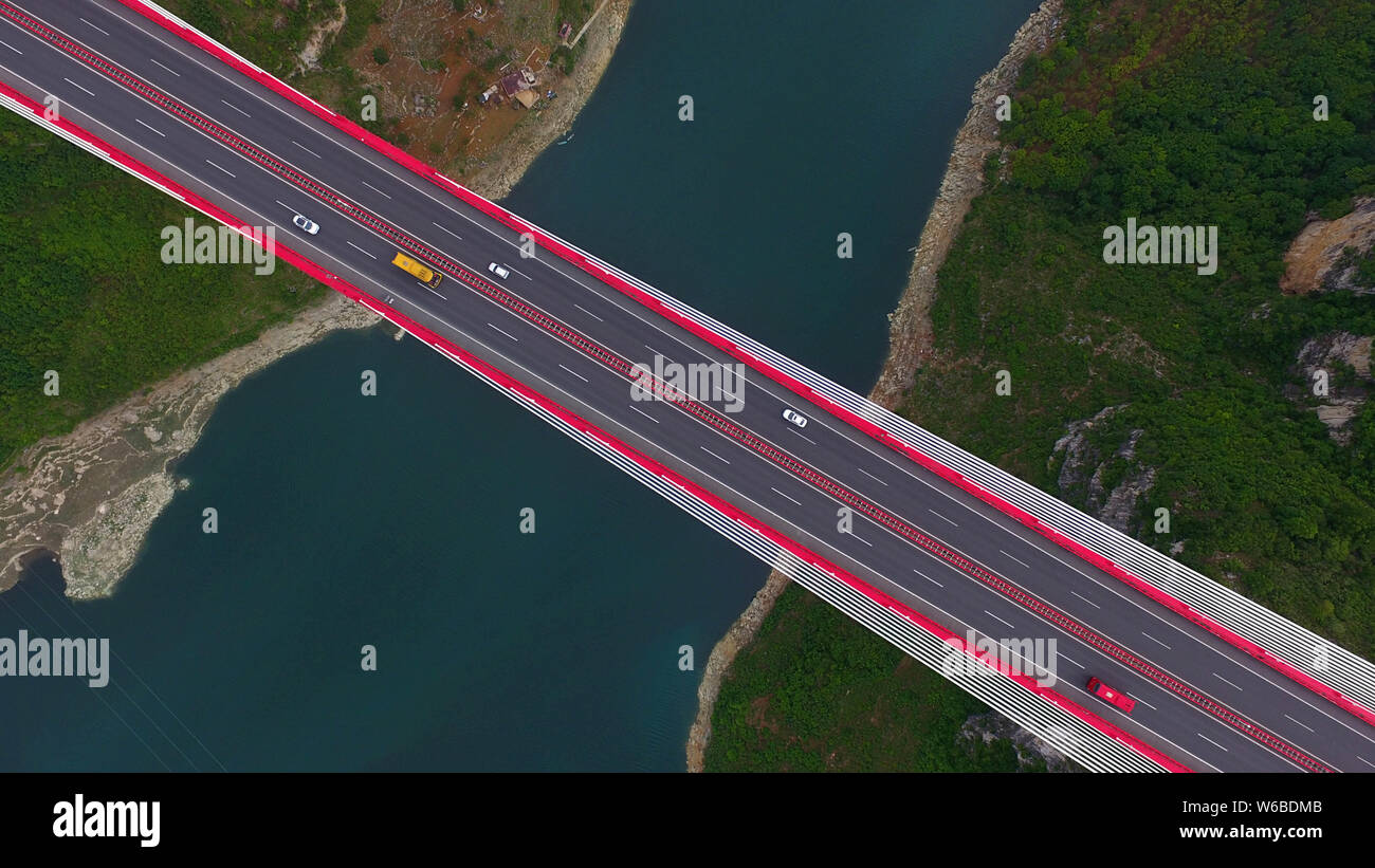 Aerial view of the Yachi River Bridge, one of the longest cablestayed