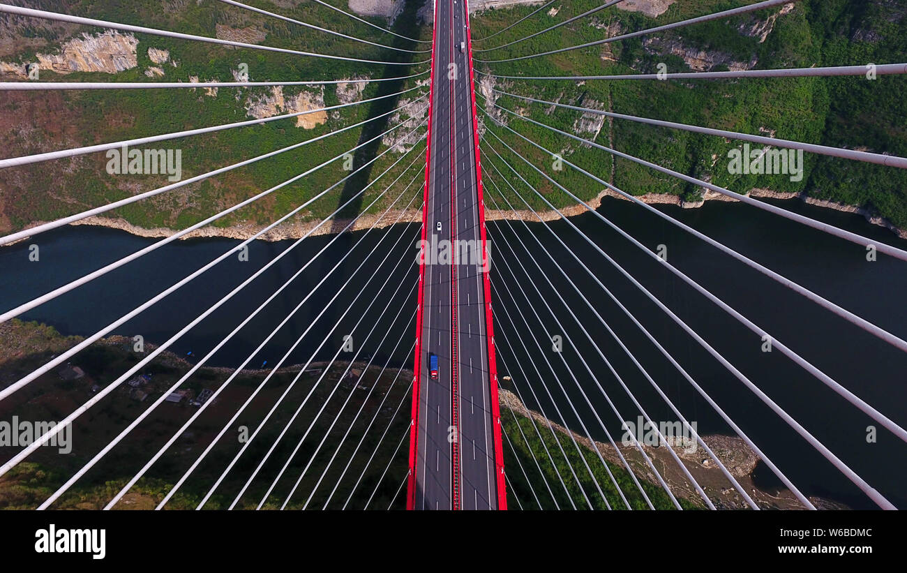 Aerial view of the Yachi River Bridge, one of the longest cablestayed