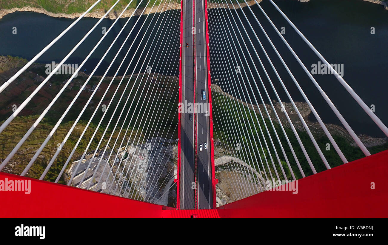 Aerial view of the Yachi River Bridge, one of the longest cablestayed