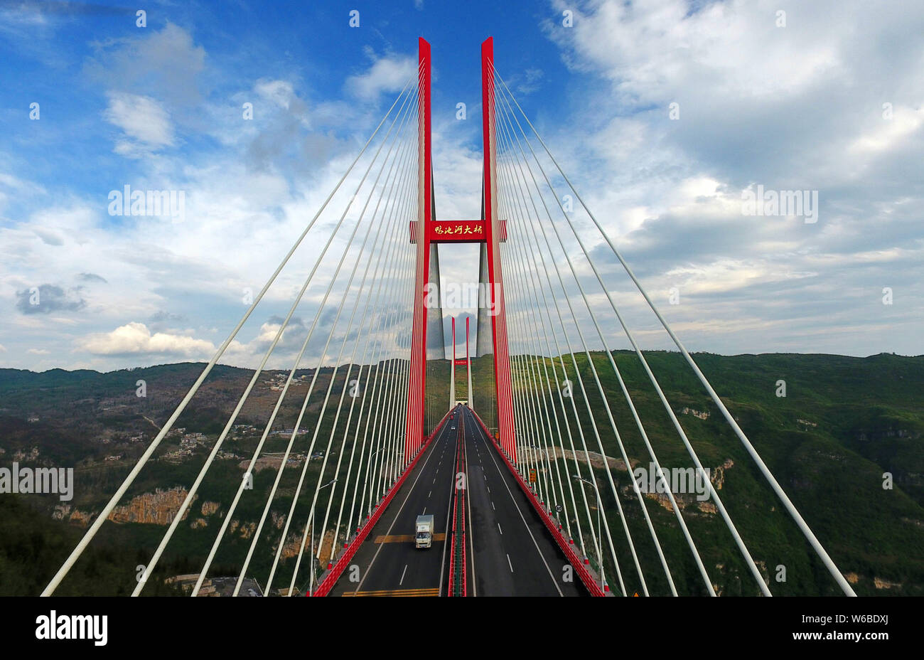 Aerial view of the Yachi River Bridge, one of the longest cablestayed