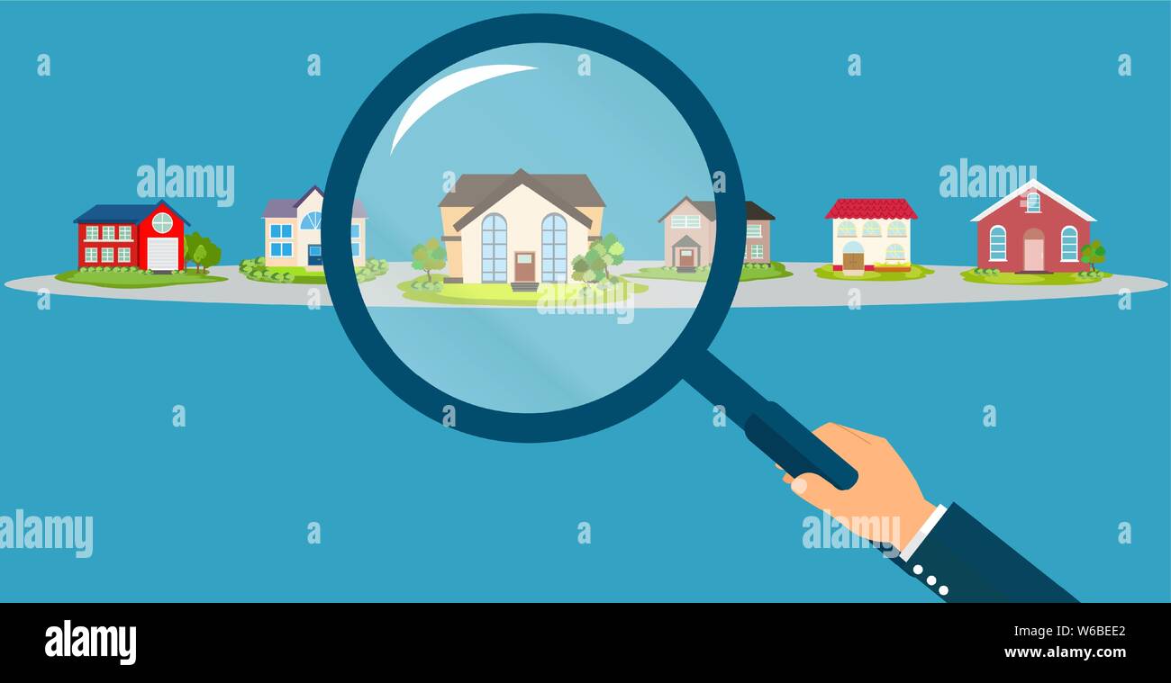Vector of a business man hand holding magnifying glass searching for the best real estate house deal Stock Vector