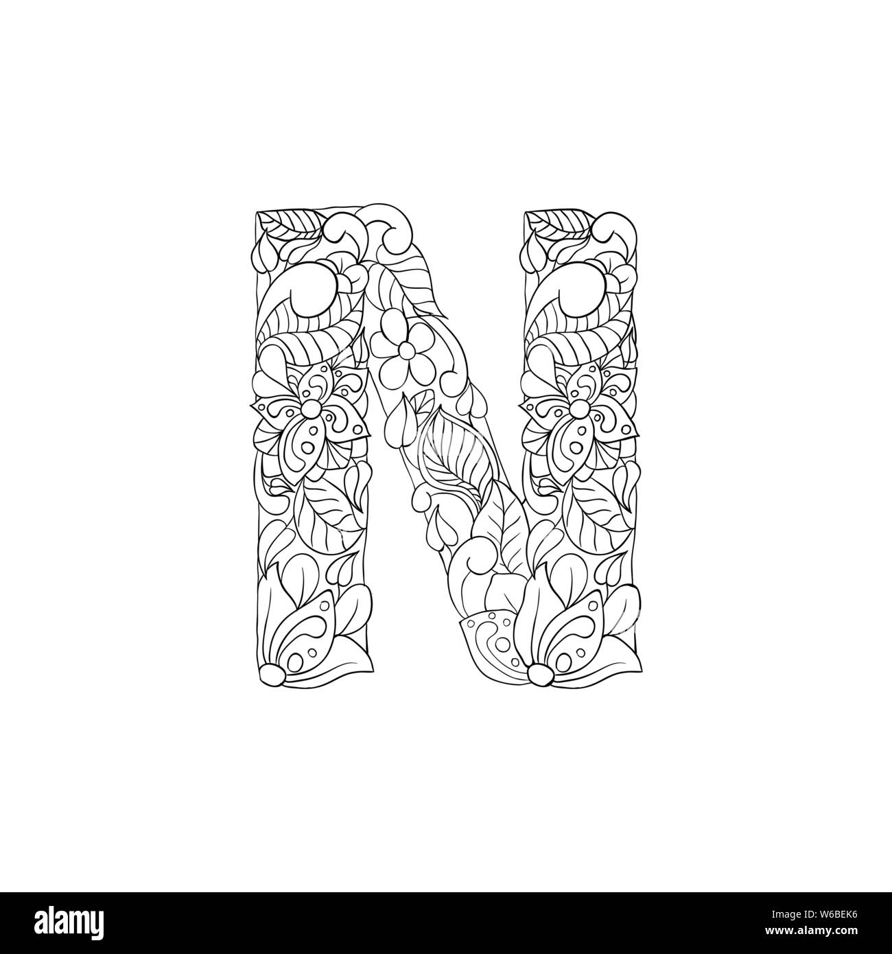 Coloring Book Floral Ornamental Alphabet, Initial Letter N Font. Vector Typography Symbol. Antistress Page for Adults and Monograms.Isolated Poster or Cover Design Stock Vector