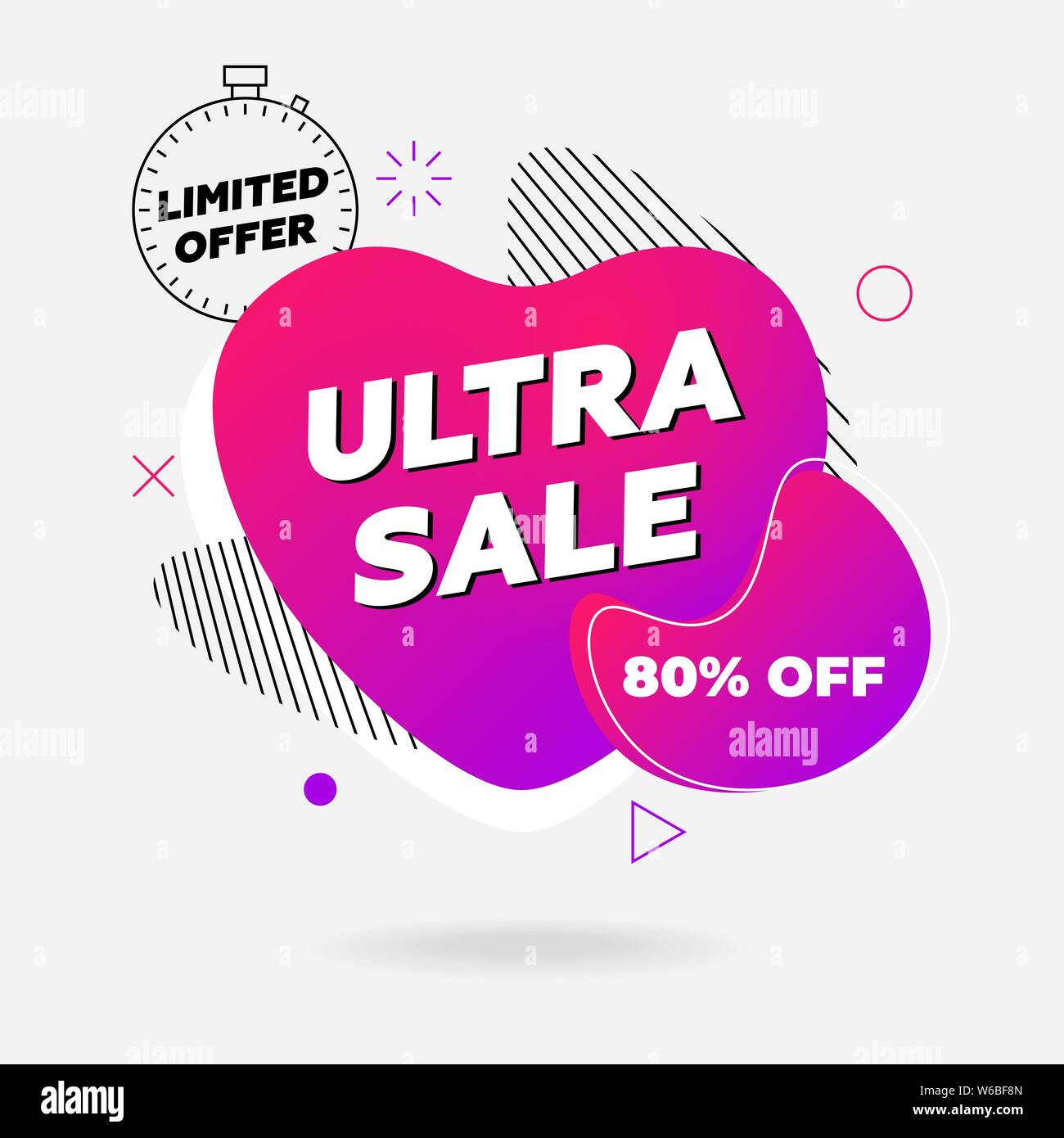 Ultra sale banner. Limited offer template design on purple abstract liquid shape. Flat geometric gradient colored graphic element in heart fluid form on white background. Modern vector illustration Stock Vector