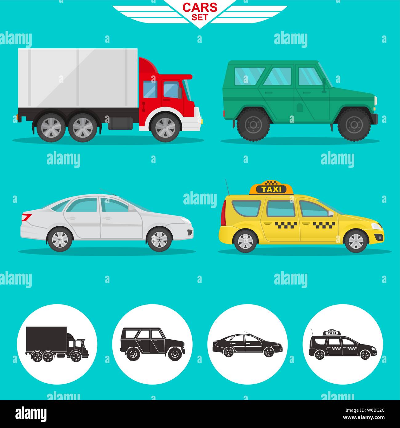 A set of vehicles with a shadow. Cargo van, SUV, car, motor cab. Icons of cars in flat style. Vector illustration. Design elements. Stock Vector