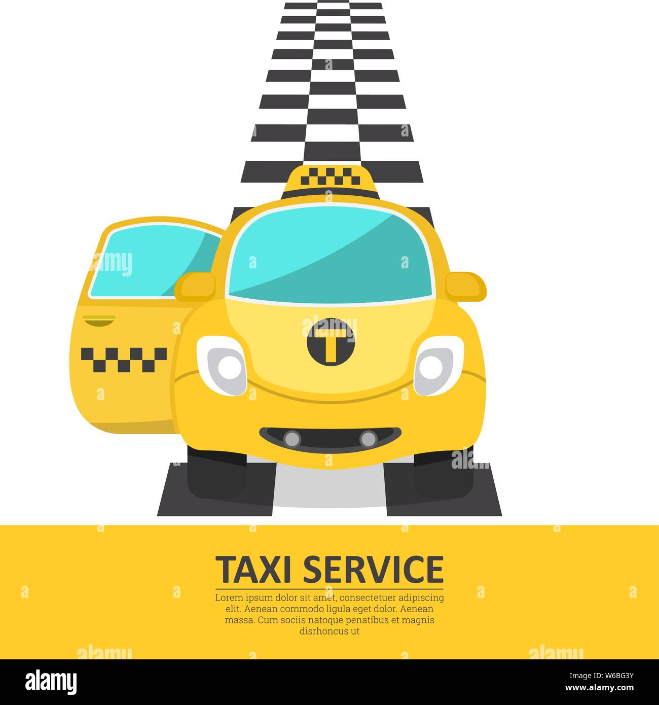 The cheerful car of a taxi with an open passenger door. The passenger vehicle on a chess path. A banner, a poster, design elements for the business ca Stock Vector