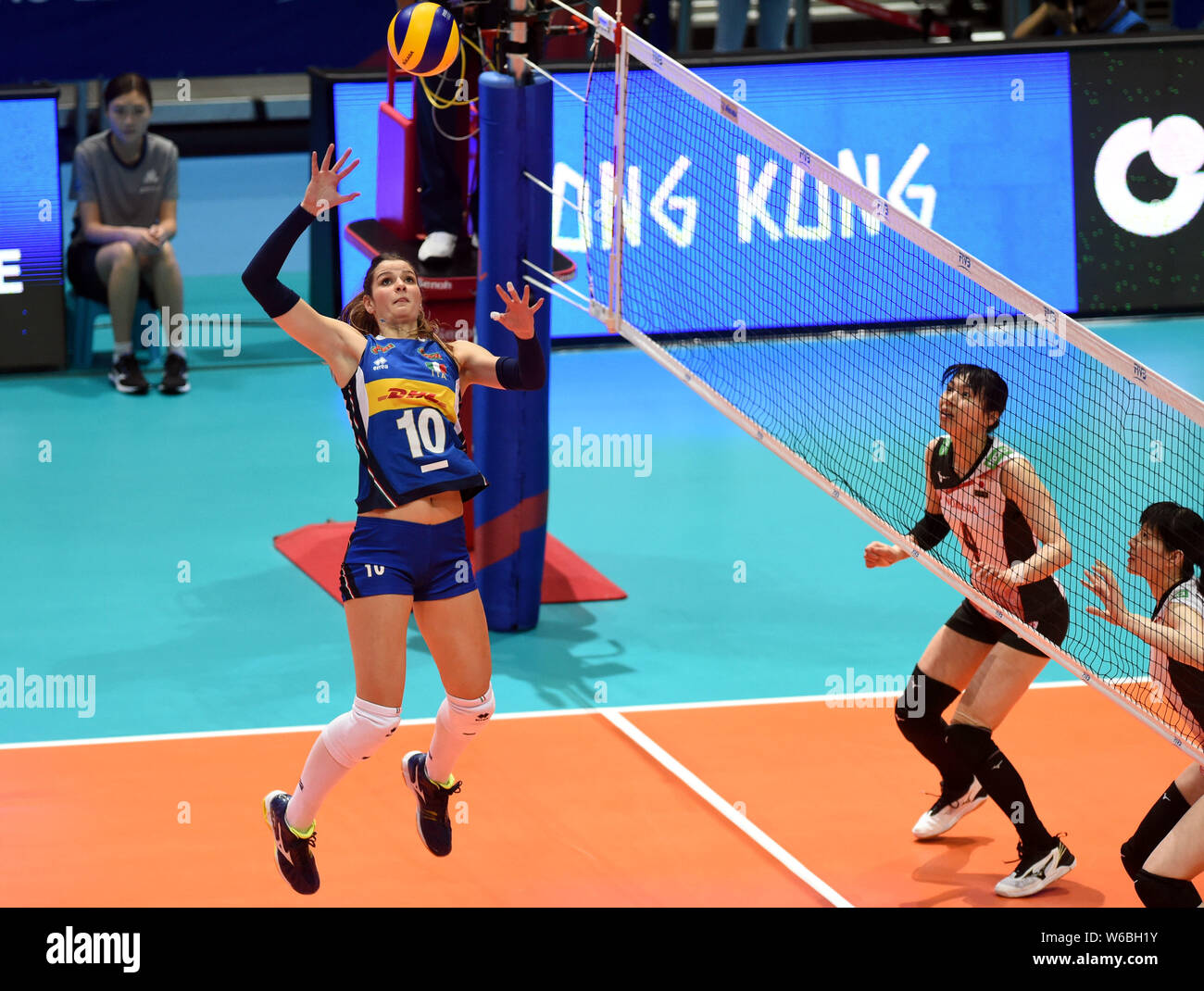 Cristina Chirichella, top, of Italy spikes against Risa Shinnabe of Japan in their third round match during the 2018 FIVB Women Volleyball Nations Lea Stock Photo