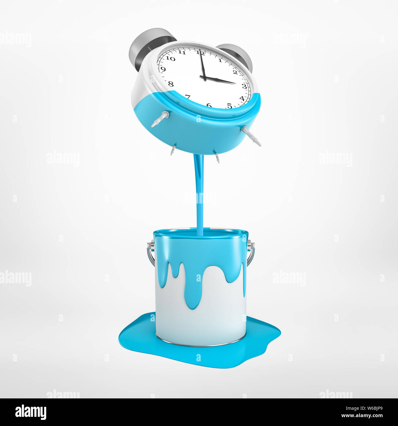 3d rendering of alarm clock with blue paint pouring into metal bucket