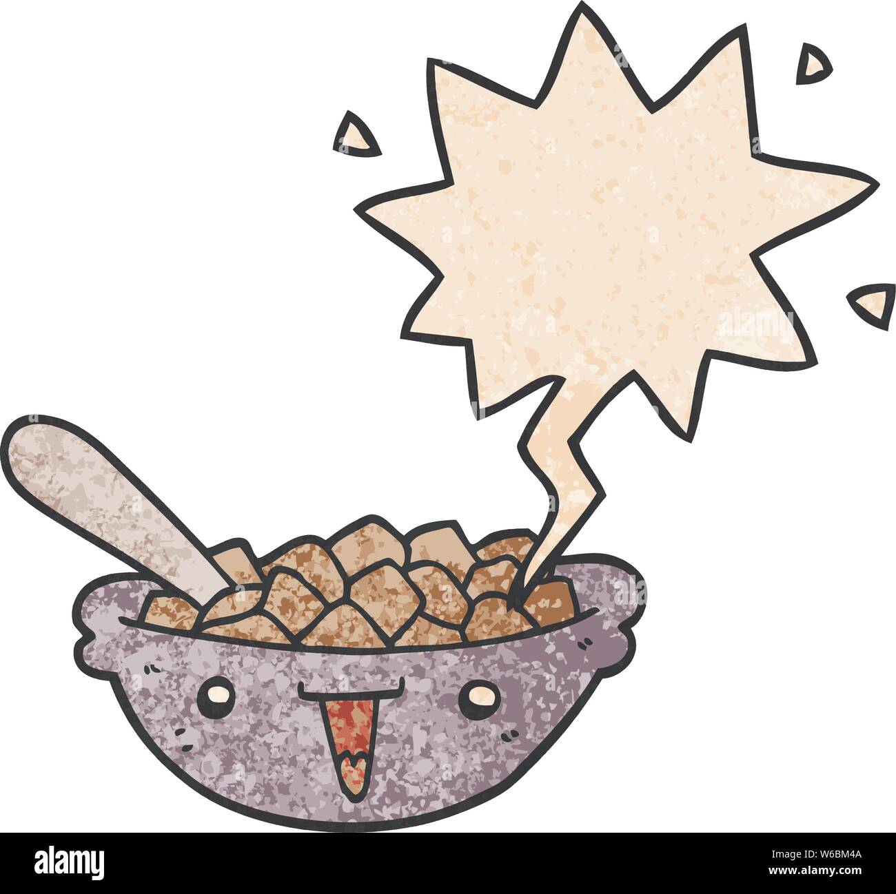 cute cartoon bowl of cereal with speech bubble in retro texture style ...