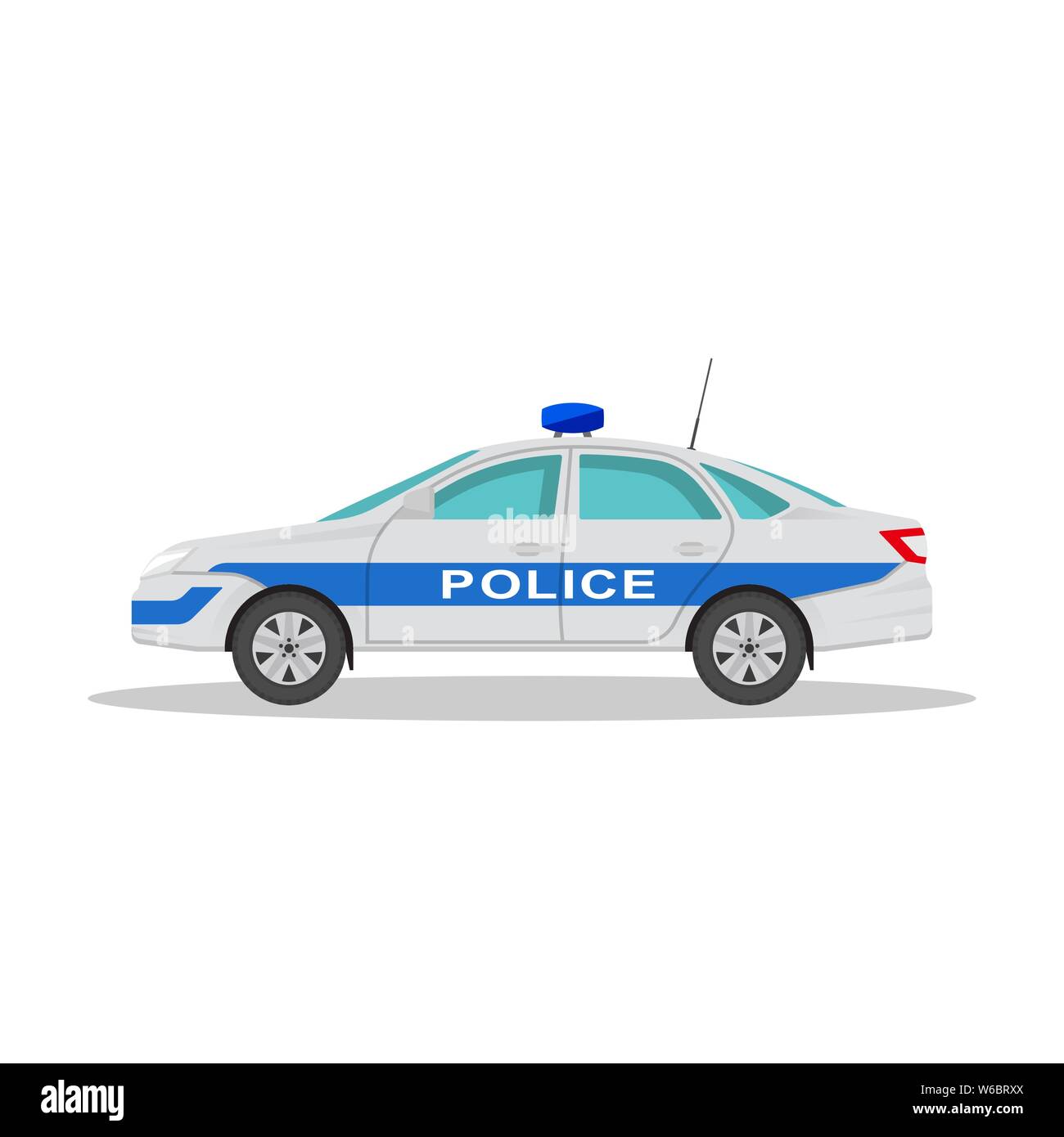 Icon of the police car with a shadow on the isolated white background. The vehicle in flat style. Design element. Vector illustration. Stock Vector