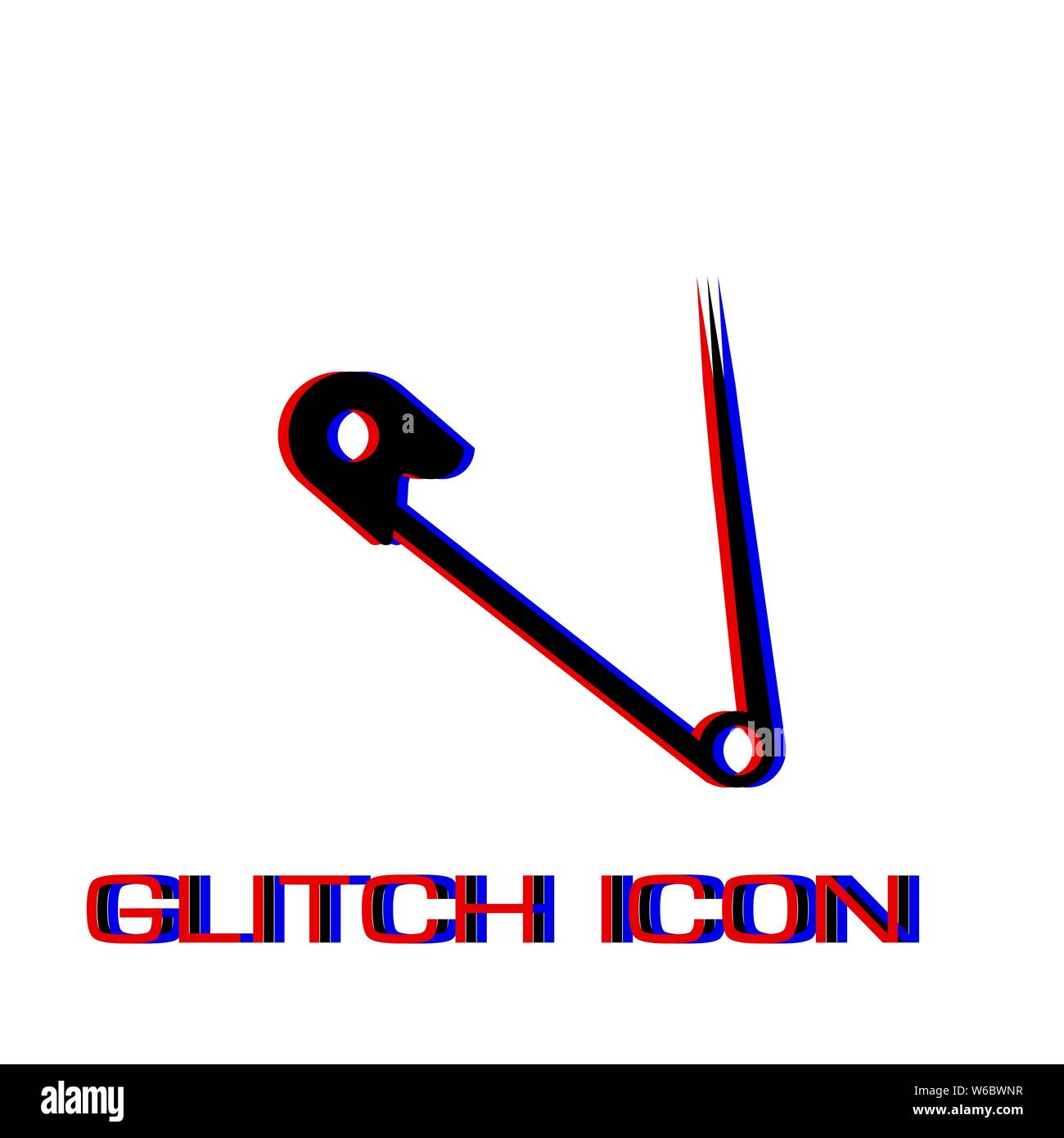 Safety pin icon flat. Simple pictogram - Glitch effect. Vector illustration symbol Stock Vector