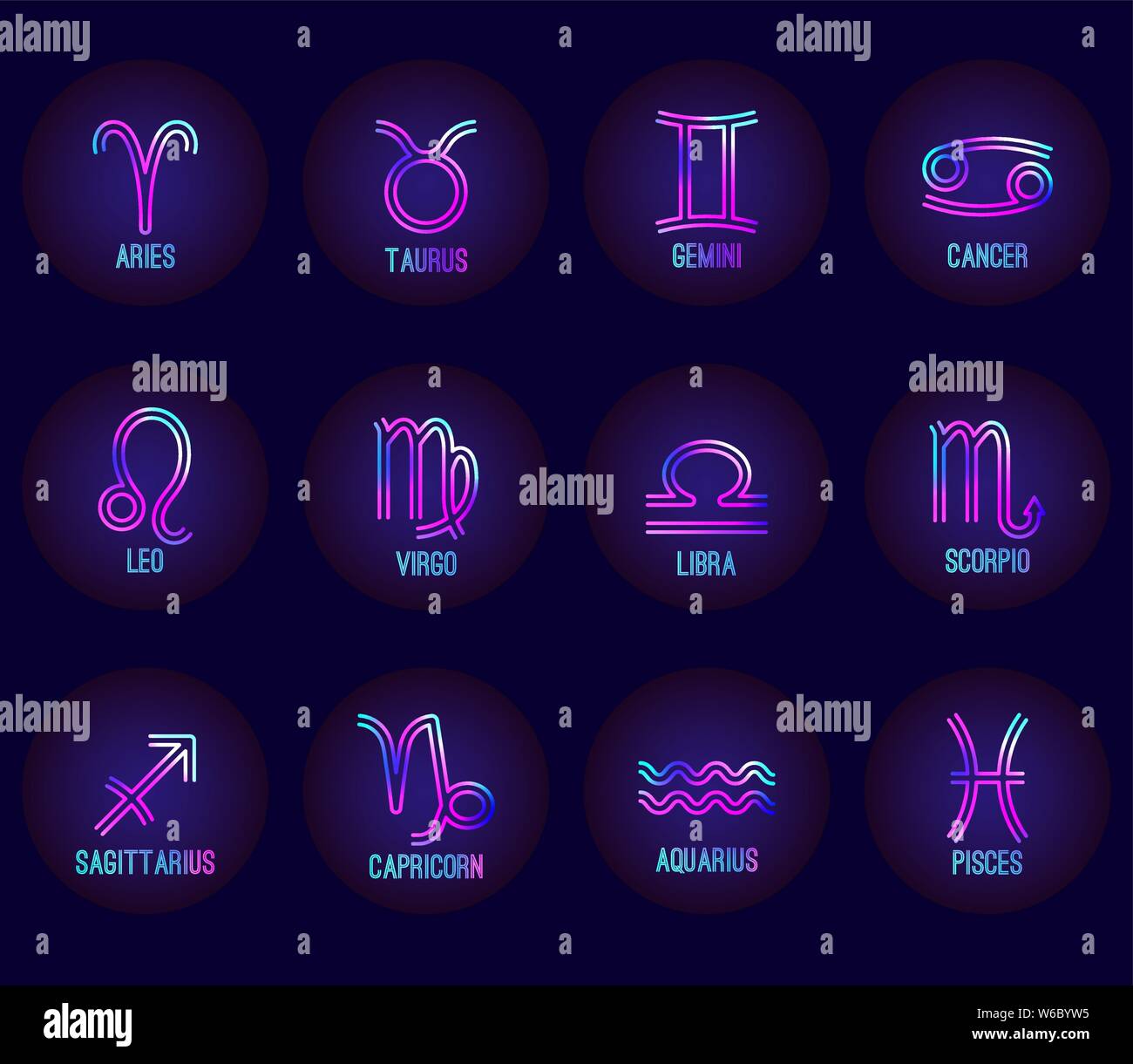 Vector character set of the zodiac. The neon shining symbols against a