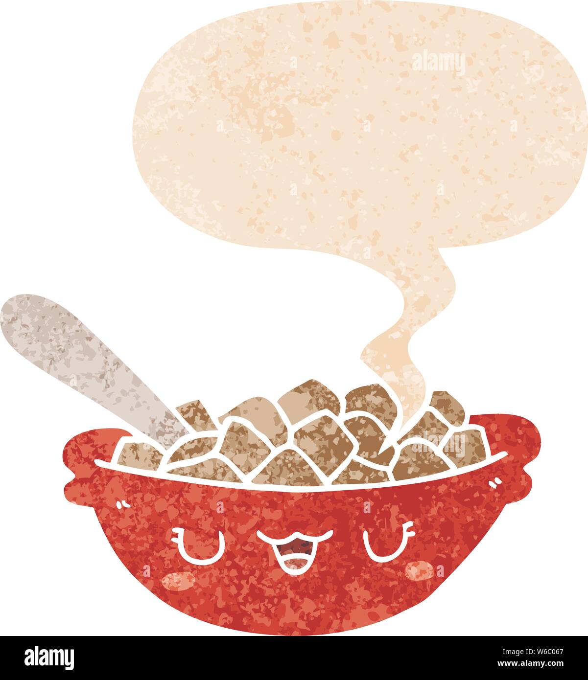 cute cartoon bowl of cereal with speech bubble in grunge distressed ...