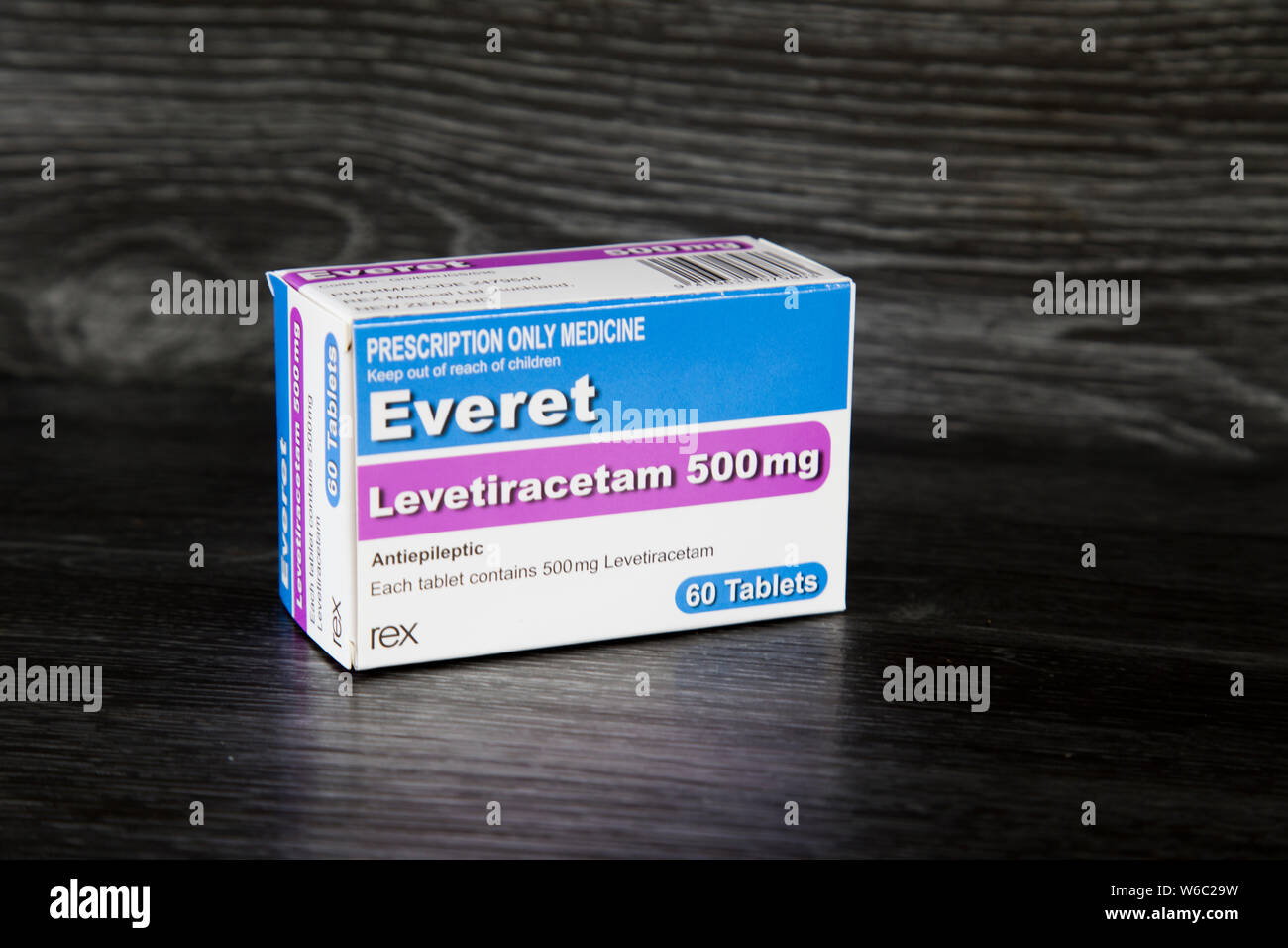 Box of Everet Levetiracetam Rex 500mg. Treatment of Epilipsy, marketed as  Keppra. Alternative to Epilim or Sodium Valproate, Lamotrigine Stock Photo  - Alamy