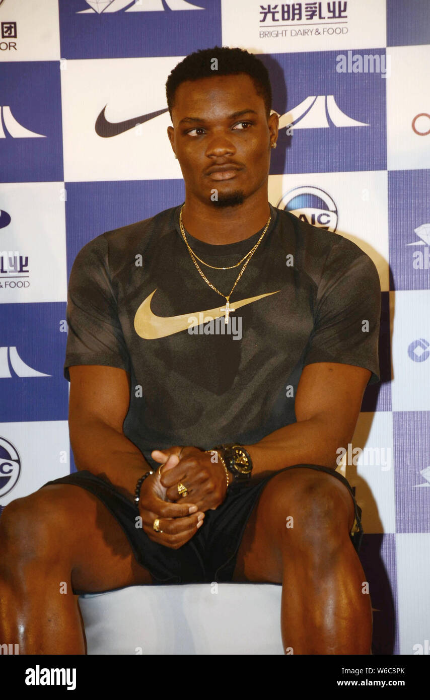Jamaican hurdler Omar Mcleod attends a press conference for the IAAF
