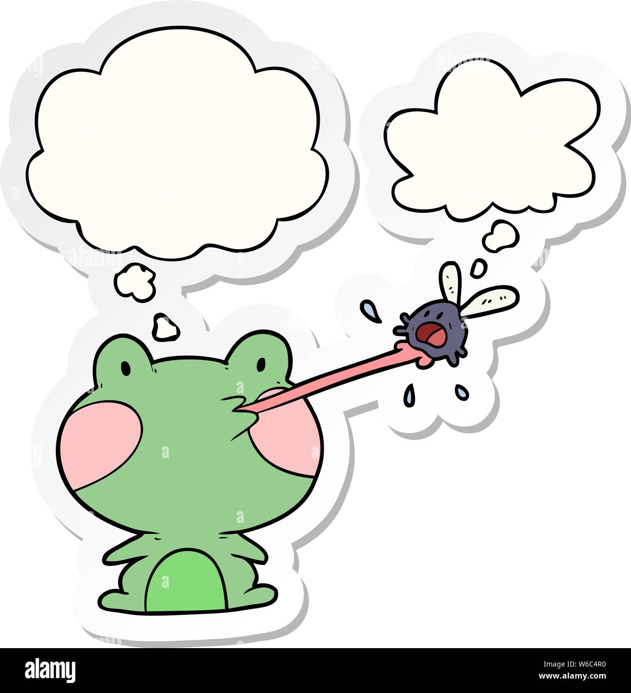 cartoon frog catching fly with thought bubble as a printed sticker ...