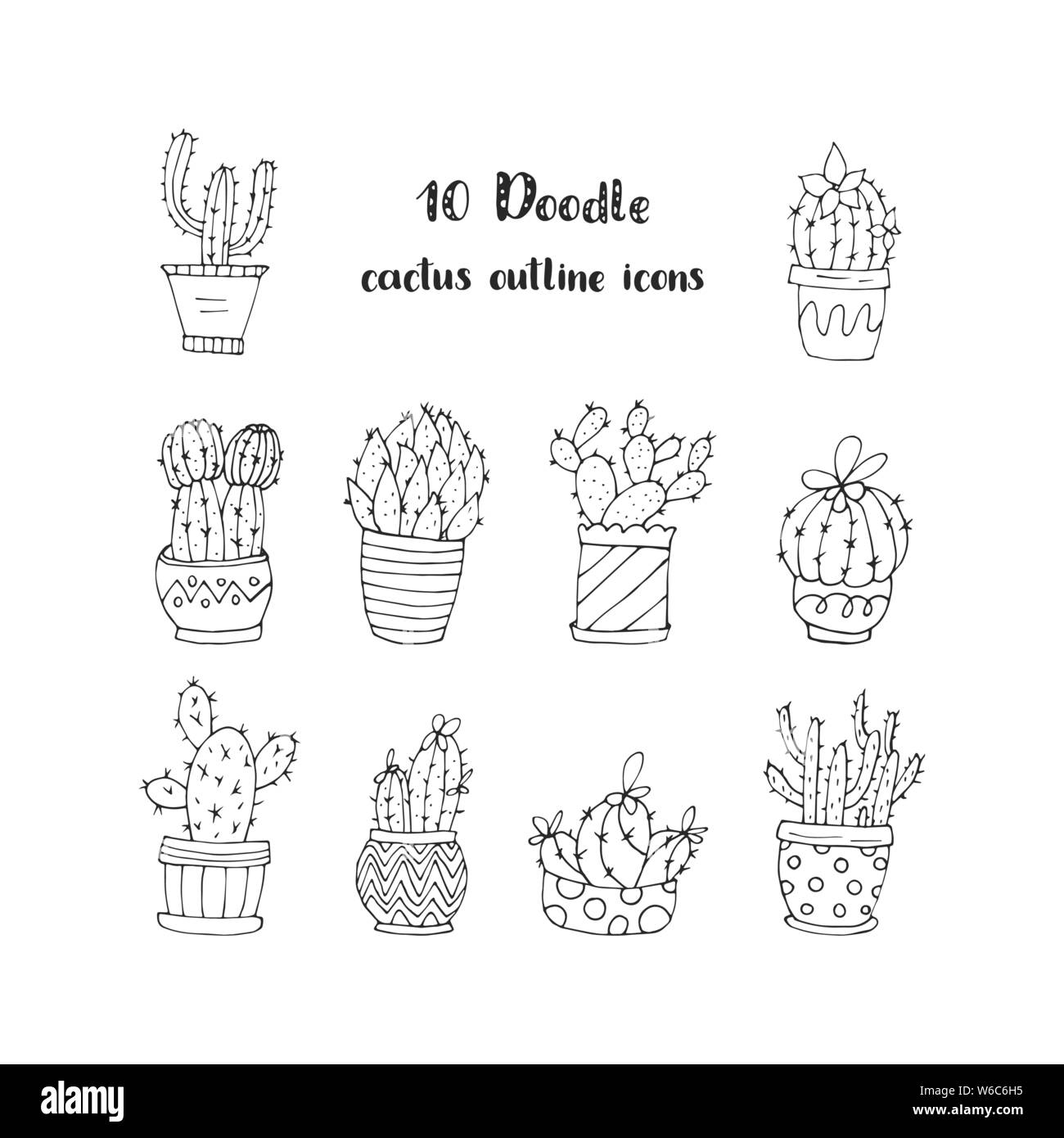 Set of 10 handdrawn doodle icons of cactus vases. Cactus succulents ...
