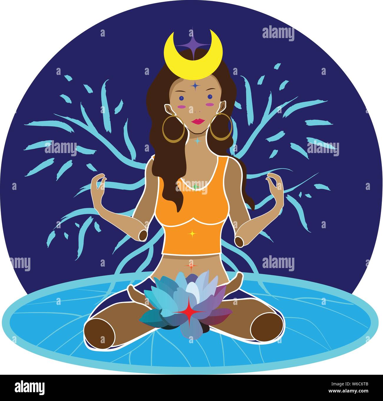 illustration of woman sitting with lotus flower at the root chakra and abstract wings symbolizing awakening of womens energy and her balance with her Stock Vector
