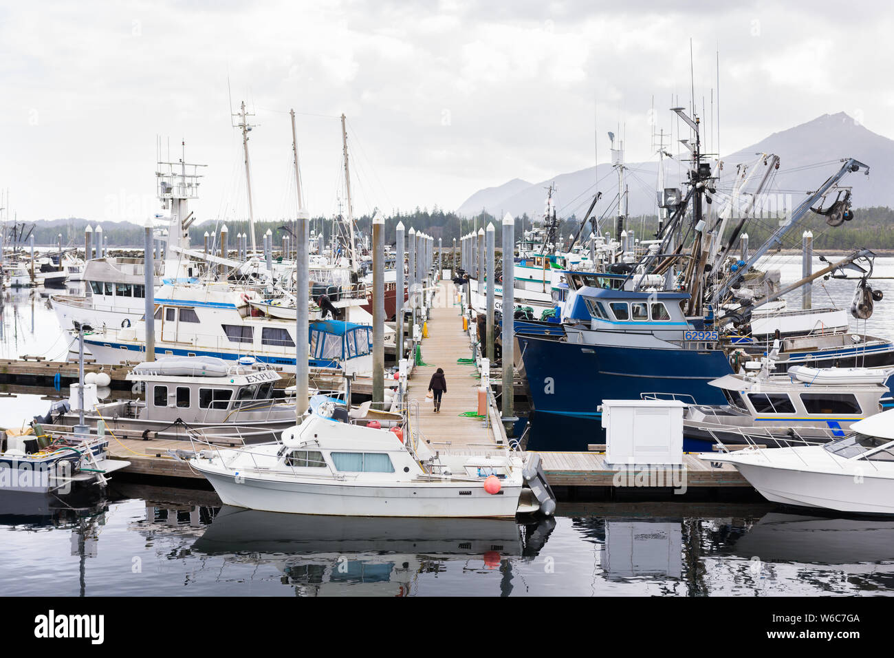 Private fishing and recreation boats docked in marina harbor, Ketchikan Alaska Stock Photo