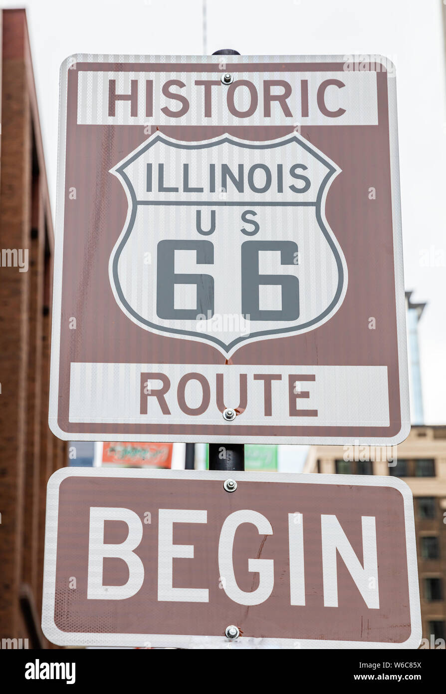 Route 66 Illinois Begin sign. Road sign at Chicago city downtown. Route 66, mother road the 