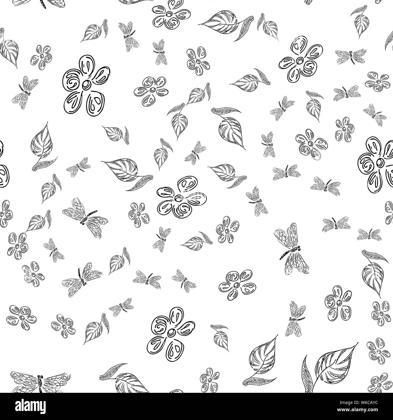 Dragonfly seamless hand-drawn pattern with flowers for wallpaper design. Retro abstract card with black dragonfly seamless hand flowers on white backg Stock Vector