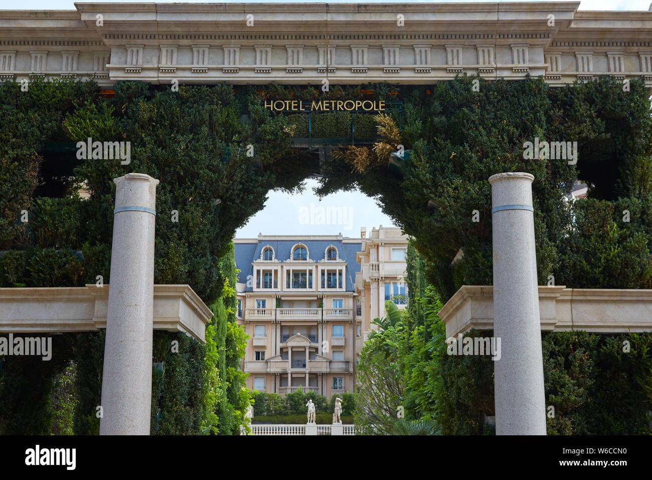 MONTE CARLO, MONACO - AUGUST 20, 2016: Metropole, luxury hotel entrance with columns in Monte Carlo, Monaco. Stock Photo