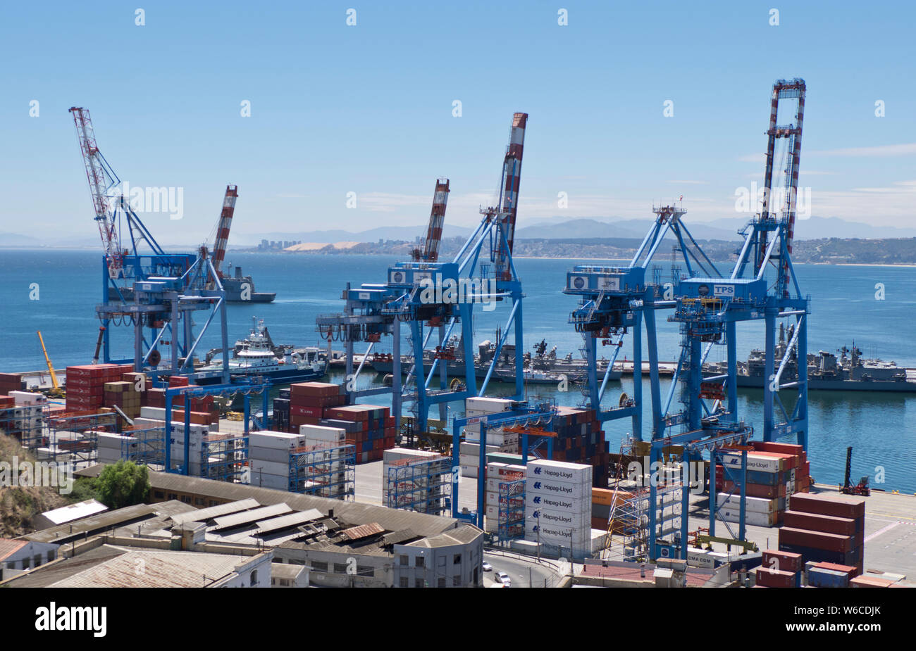 Container port at the harbour in Valparaiso, Chile Stock Photo