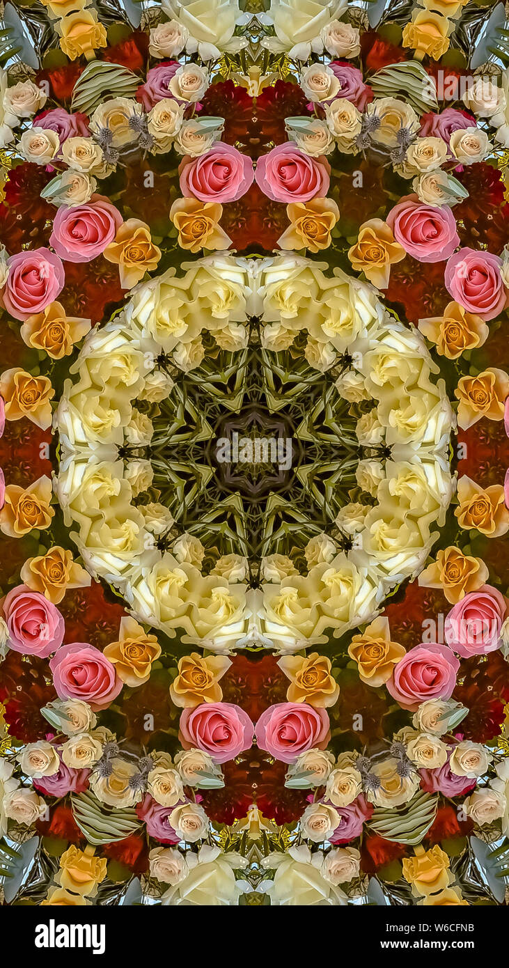 Vertical frame Design pattern made from pink yellow white orange roses