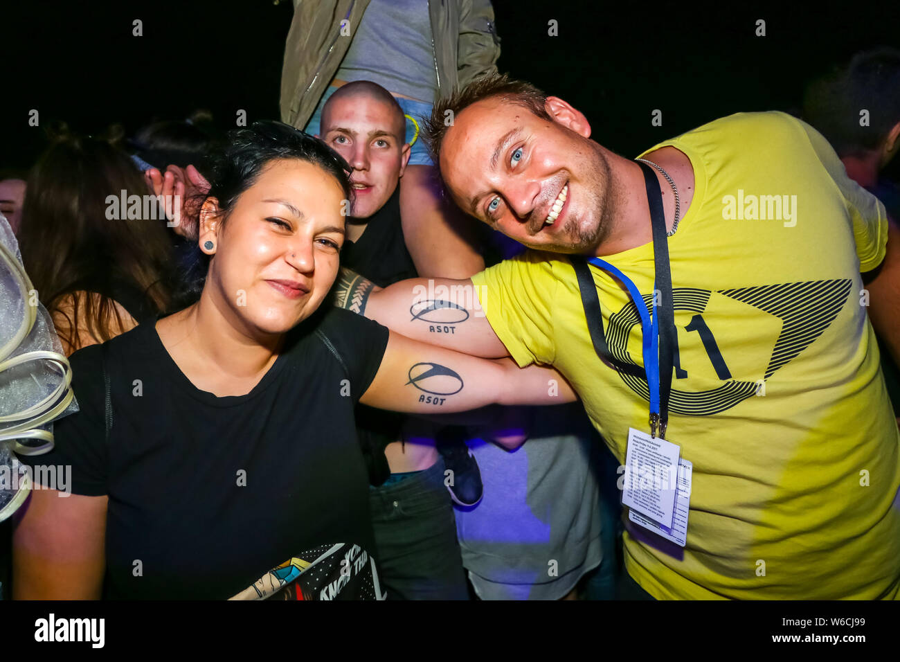Brezje, Croatia - 19th July, 2019 : Audience during the Forestland, ultimate forest electronic music festival located in Brezje, Croatia. Stock Photo