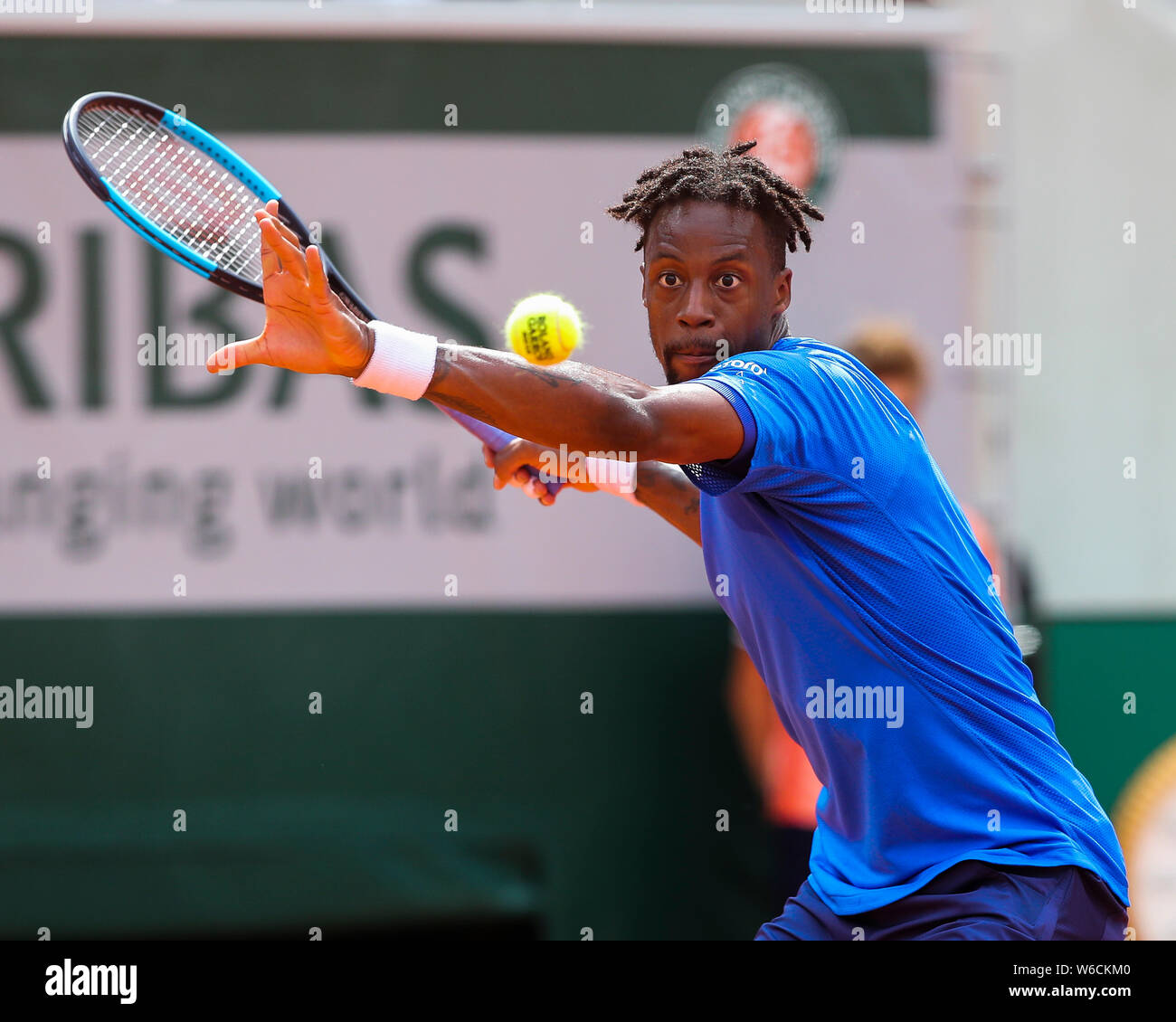 French tennis player Gael Monfils playing forehand shot in French Open 2019  tennis tournament, Paris, France Stock Photo - Alamy