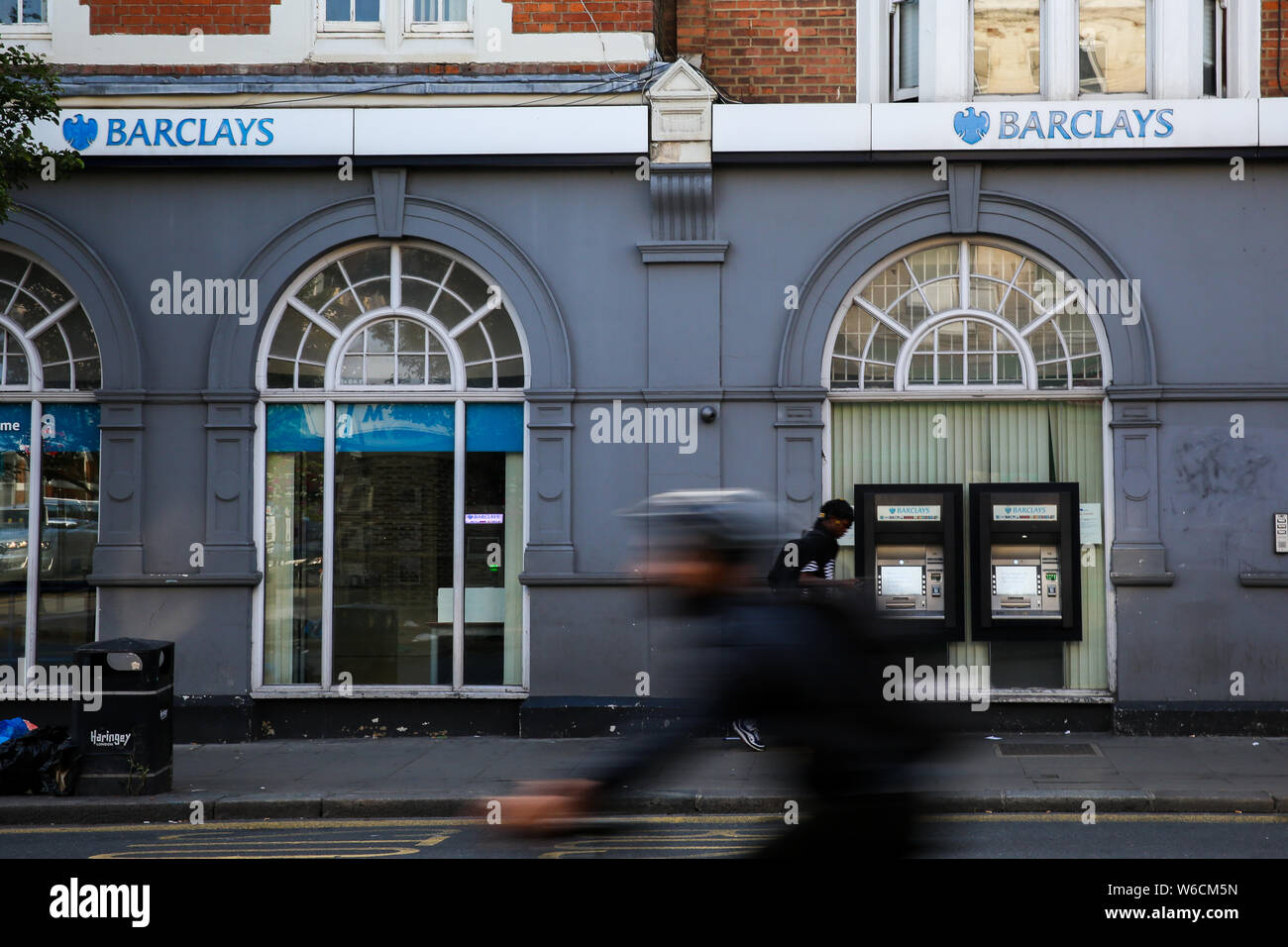 London, UK. 01st Aug, 2019. A cyclists passes by the branch of Barclays bank in London. Barclays Bank has today unveiled an 83pc increase in profits for the first half of the year, its best performance for almost a decade. Credit: SOPA Images Limited/Alamy Live News Stock Photo