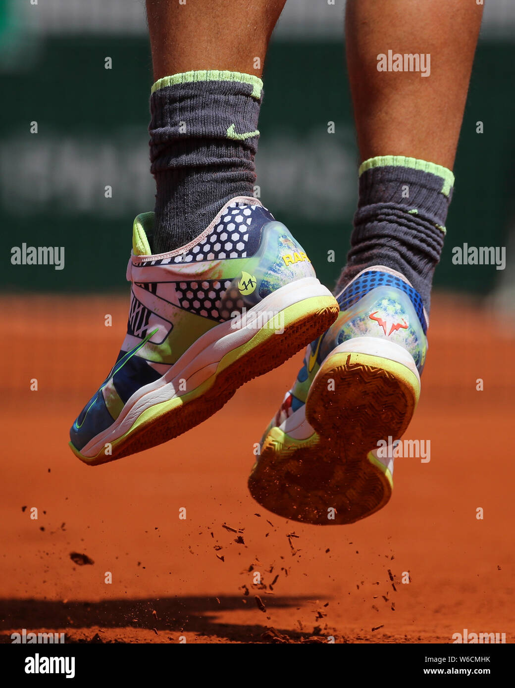 Feet of Spanish tennis player Rafael Nadal jumping during men's singles  match in French Open 2019 tennis tournament Stock Photo - Alamy