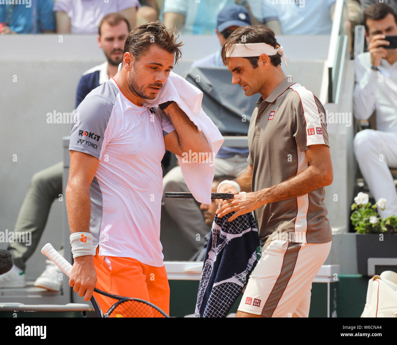 Swiss tennis players Stan Wawrinka and Roger Federer during the break in  French Open 2019, Paris, France Stock Photo - Alamy