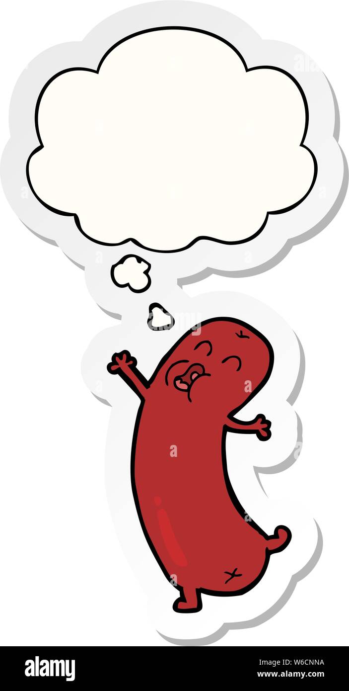 cartoon dancing sausage with thought bubble as a printed sticker Stock